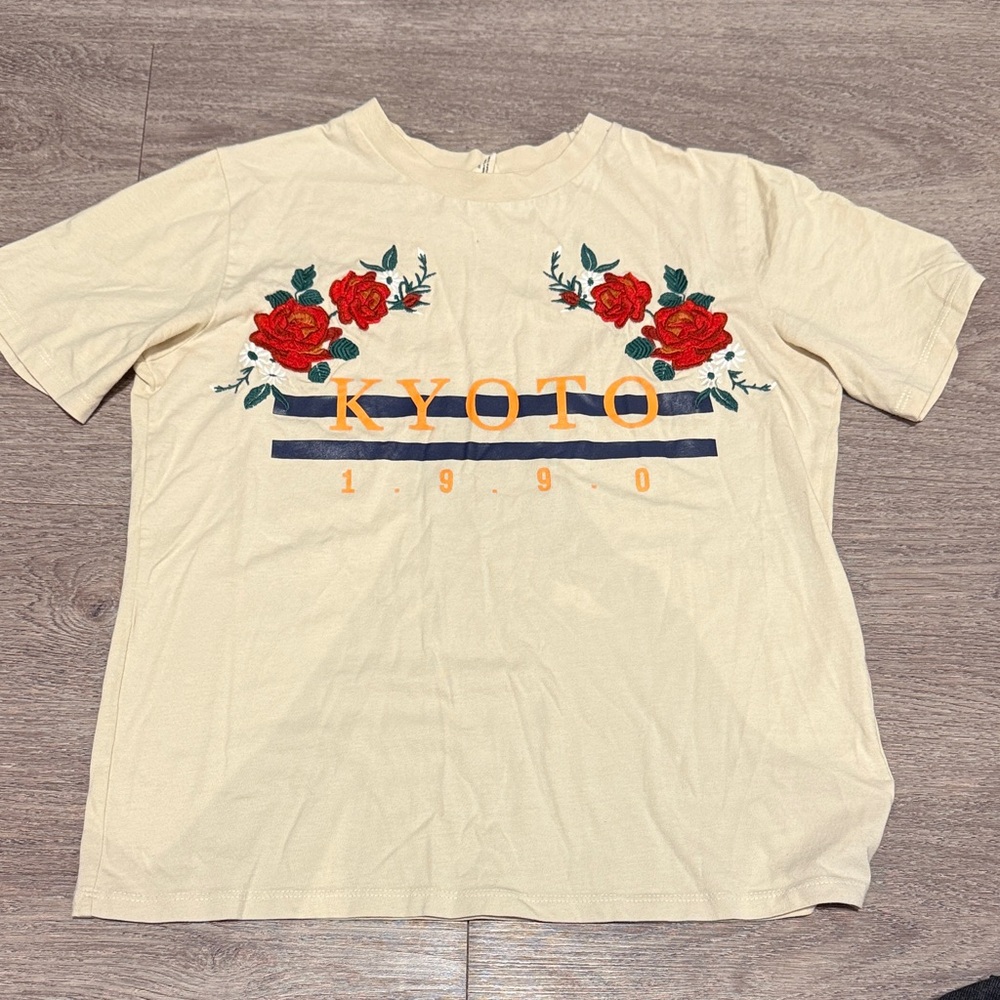 Urban Outfitters Women’s Cream “Kyoto” T-shirt with Red Floral Design